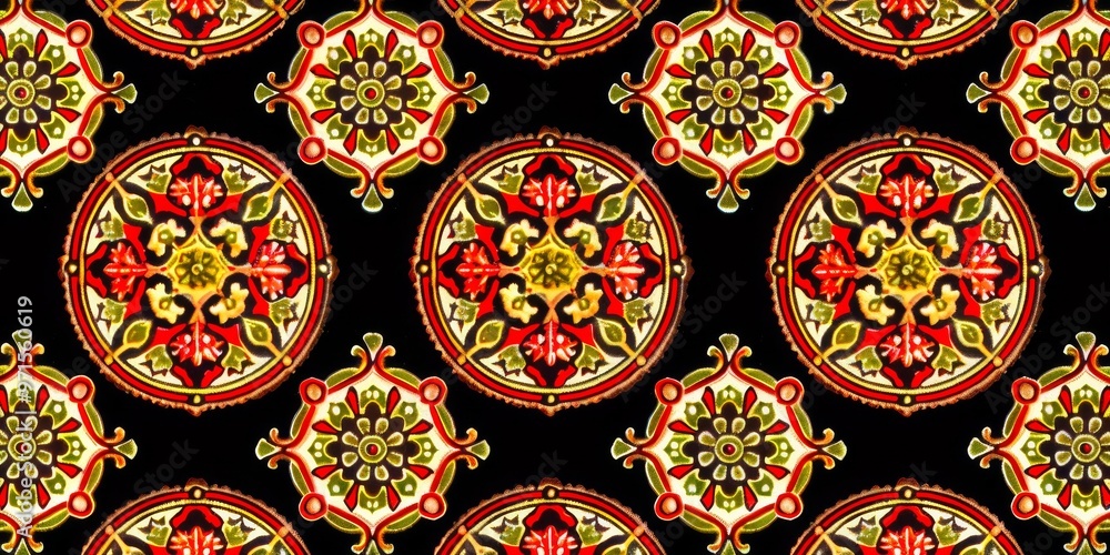 Vibrant and intricate circular patterns in rich red, green, and gold hues against a black background. Vibrant and intricate circular patterns in rich red, green, and gold hues against a black background.