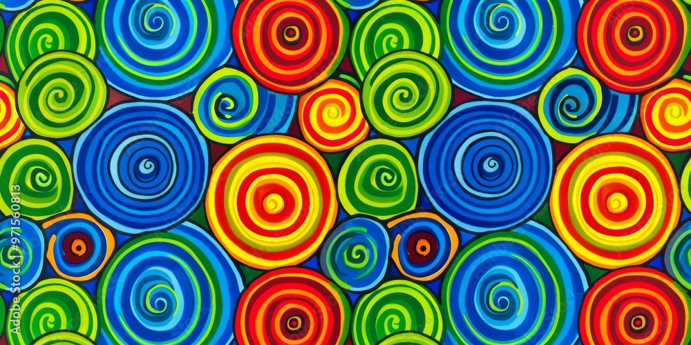 Colorful spiral patterns in vibrant hues of red, yellow, blue, and green create a lively and dynamic abstract artwork. Colorful spiral patterns in vibrant hues of red, yellow, blue, and green create a lively and dynamic abstract artwork.