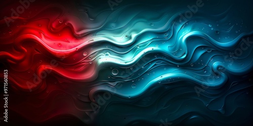 Abstract red and blue fluid waves with bubbles on a dark background.