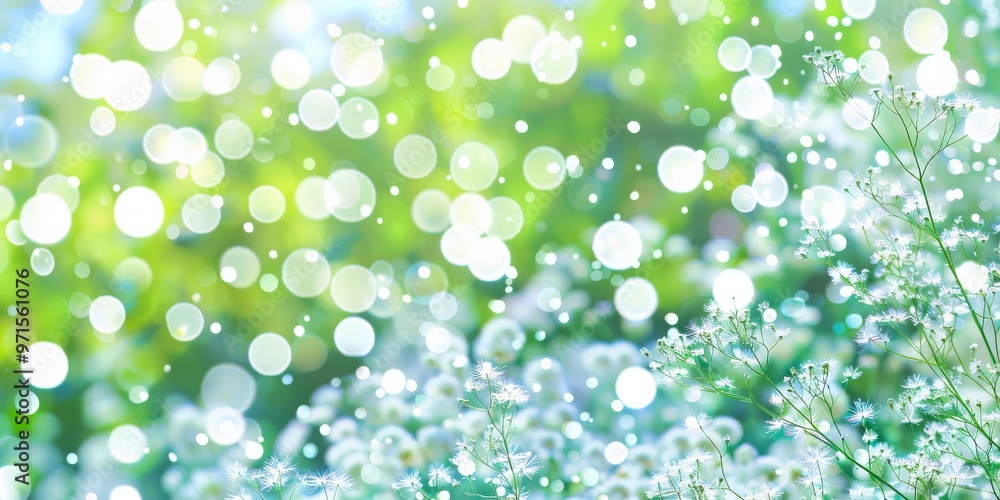 Bright and dreamy bokeh background with delicate white flowers and vibrant green hues. Bright and dreamy bokeh background with delicate white flowers and vibrant green hues.