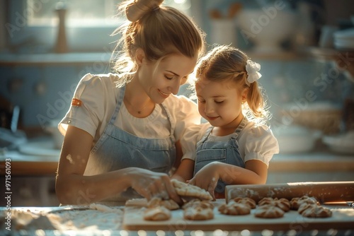 Close-up shot of mother and daughter bonding over baking cookies in the kitchen, family, baking, kitchen, bonding, mother, daughter, cookies, mixing, dough, measuring, ingredients, memories