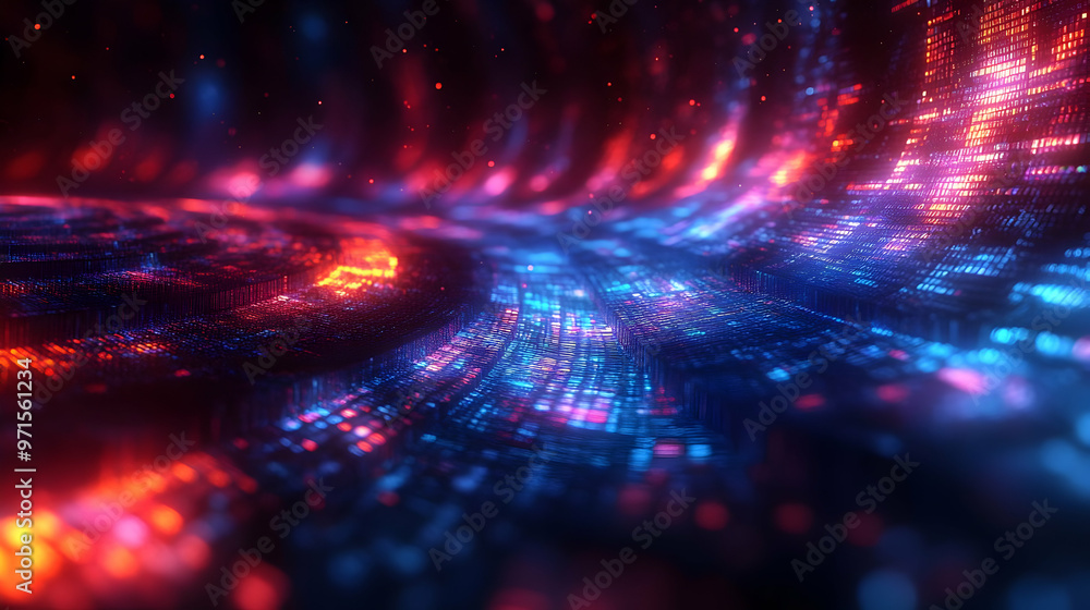 Abstract digital landscape with vibrant lights and flowing patterns. Abstract digital landscape with vibrant lights and flowing patterns.