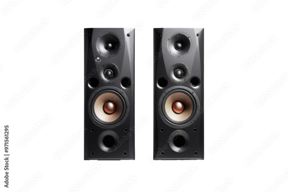 Stereo speaker, full-body shot, centered isolation against a pure white backdrop, high-resolution stock photograph, spotlight highlighting speaker details, crisp shadows casting on surface Stereo speaker, full-body shot, centered isolation against a pure white backdrop, high-resolution stock photograph, spotlight highlighting speaker details, crisp shadows casting on surface