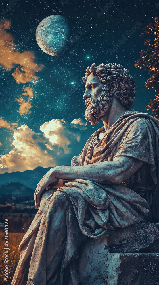 Obraz premium A thoughtful philosopher statue gazes at cosmos, surrounded by natures beauty