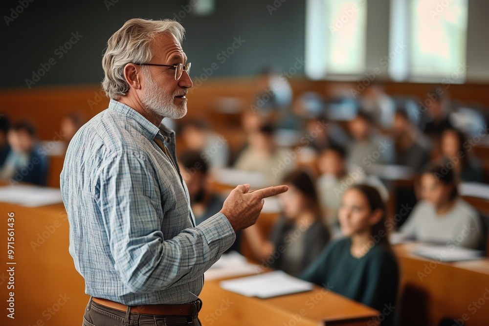 Rear view of adult teacher talking to his students during lecture in a university classroom Rear view of adult teacher talking to his students during lecture in a university classroom
