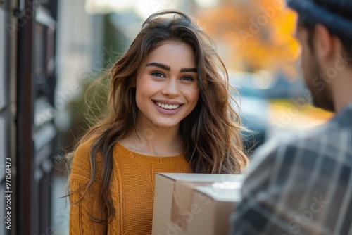 photo of a happy young woman accepting a cardboard box from a delivery man at her front door.