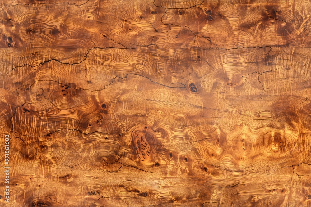 Fototapeta premium Beautifully textured wooden surface with intricate patterns and rich brown tones, showcasing the natural grain and knots of the wood.