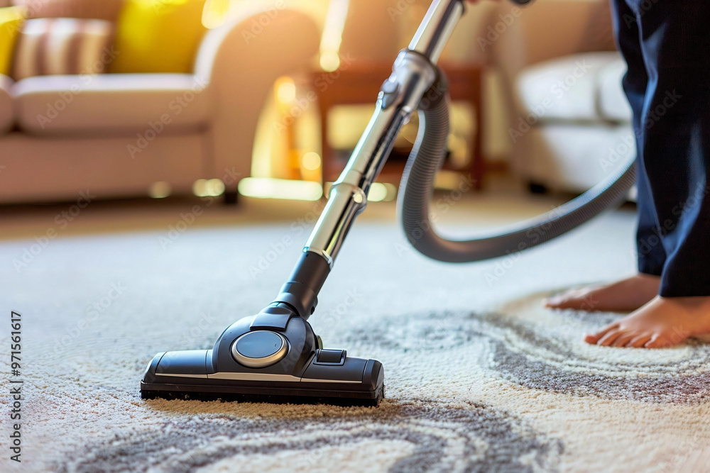 Close-up of a young maid using a vacuum cleaner to clean a carpet in a cozy living room at home. Close-up of a young maid using a vacuum cleaner to clean a carpet in a cozy living room at home.