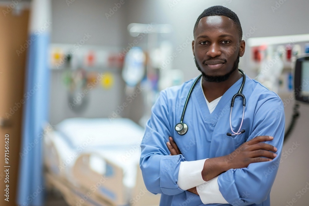 Portrait of confident African American male doctor standing in hospital room, holding stethoscope with arms crossed. Portrait of confident African American male doctor standing in hospital room, holding stethoscope with arms crossed.
