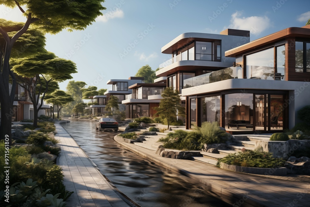 Fototapeta premium Luxury village road with beautiful and modern houses on the side of the road