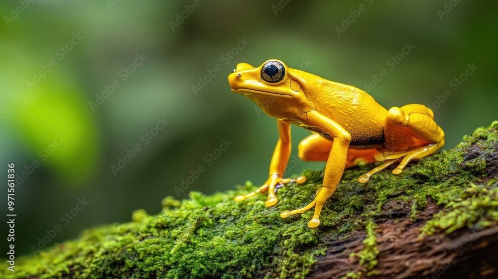Naklejka premium A yellow frog is standing on a green leafy branch