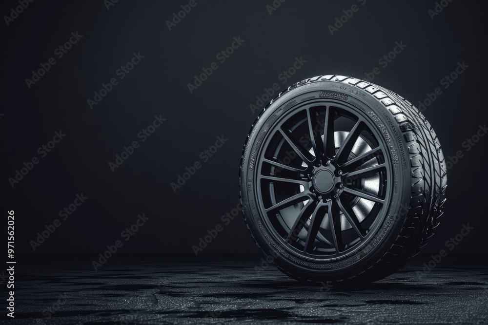 Fototapeta premium Black alloy rim with sport tire standing on black background