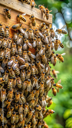 Swarm of bees occupying a beehive.