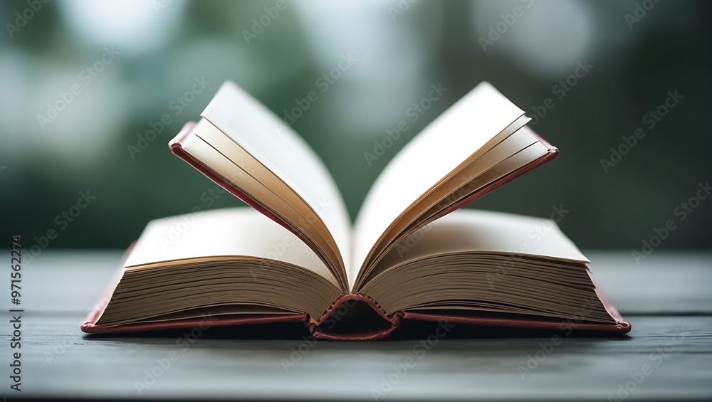 Fototapeta premium Open Book on Wooden Table with Sunlit Background - A Serene Reading Scene, Perfect for Education, Literature, and Relaxation Themes