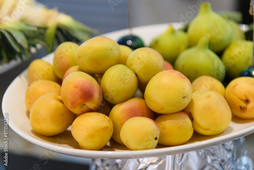 Close-up of apricots on a buffet in the hotel restaurant