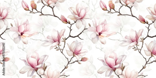 Beautiful Magnolia Flowers: Fresh Watercolor Illustration with Subtle Blurring in a Seamless Pattern
