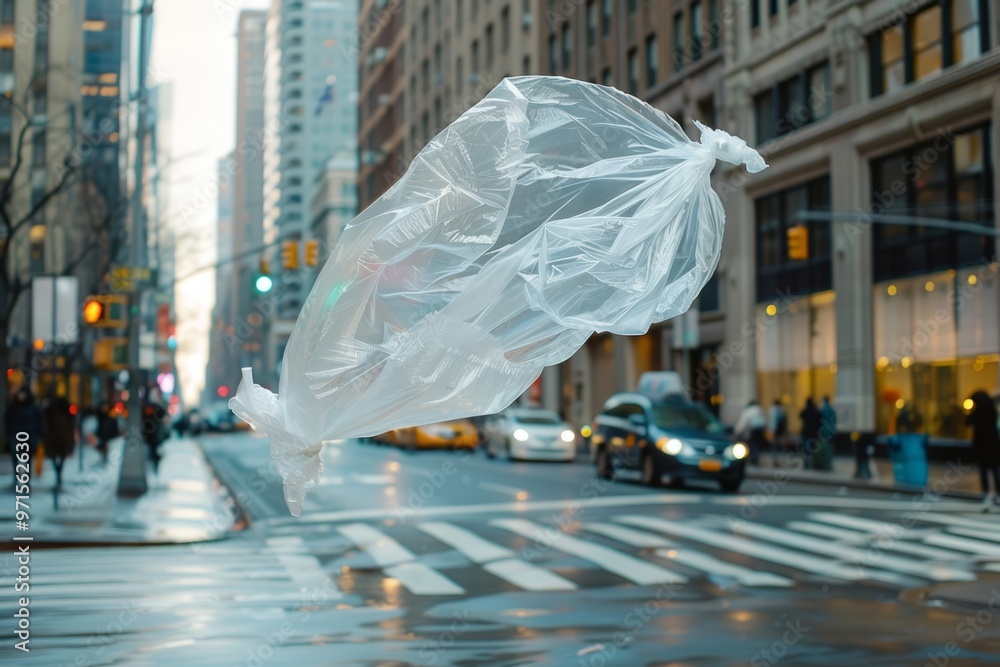 Obraz premium Plastic bag floating over crosswalk in busy city