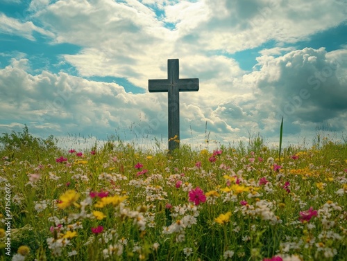 Flower field with a cross