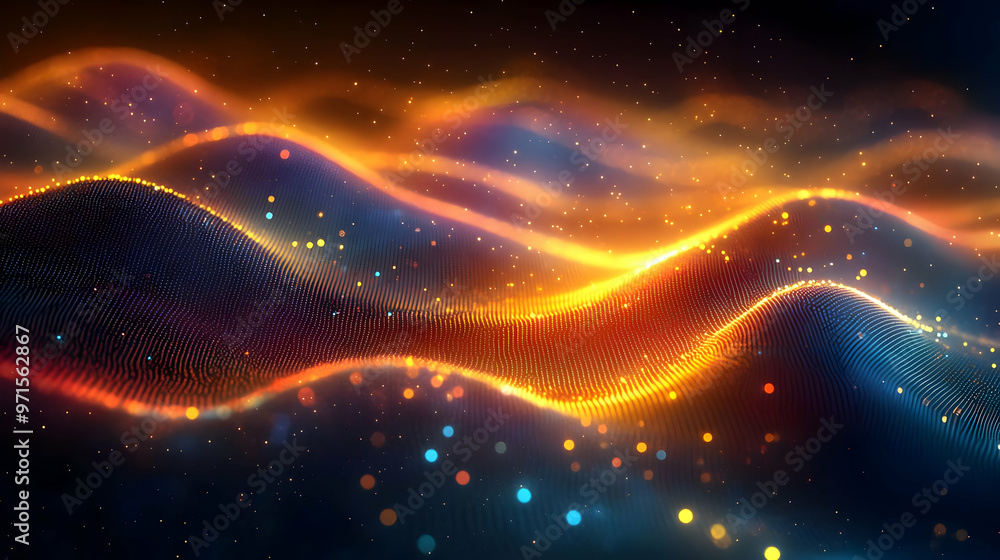 Abstract digital waves with glowing particles, creating a vibrant, flowing visual effect. Abstract digital waves with glowing particles, creating a vibrant, flowing visual effect.