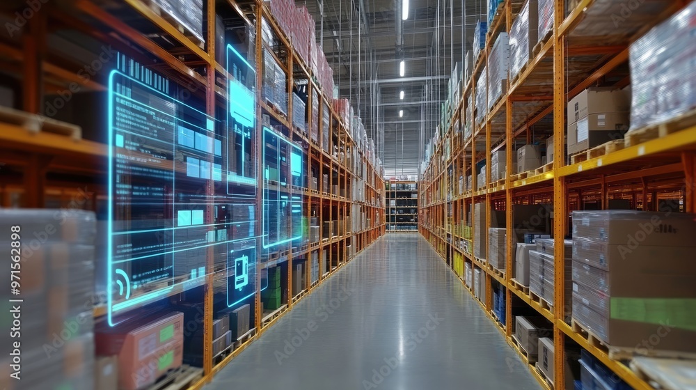 A large warehouse with rows of shelves stocked with boxes. A holographic screen displays inventory data. A large warehouse with rows of shelves stocked with boxes. A holographic screen displays inventory data.