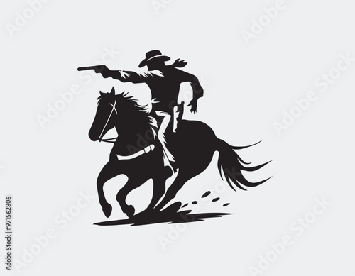 A dynamic black silhouette vector illustration of a cowboy shooting while riding a horse  photo