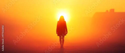 Silhouette of a person walking away down a foggy street, isolation, farewell moment photo