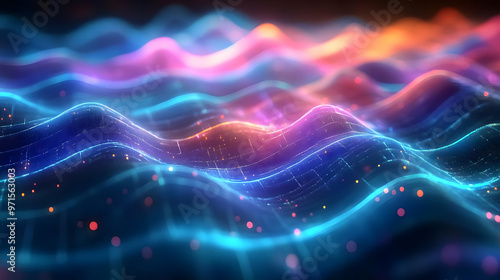 Abstract digital waves with vibrant colors and glowing particles.