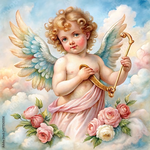 Watercolor rococo cupid angel illustration