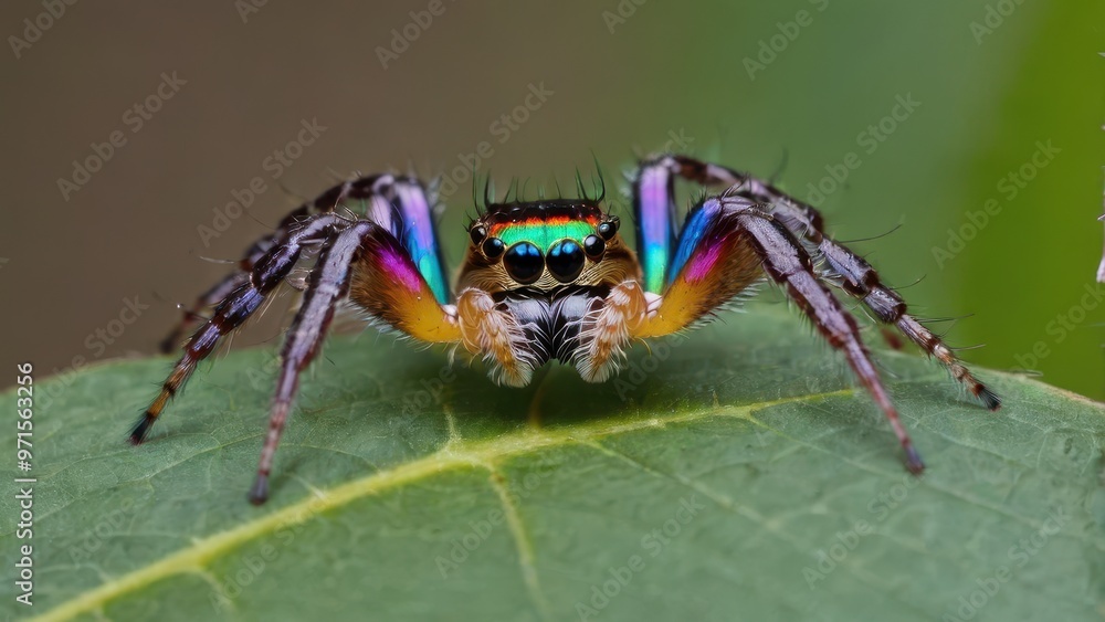 A close-up of a colorful spider on a green leaf, showcasing its vibrant features. A close-up of a colorful spider on a green leaf, showcasing its vibrant features.