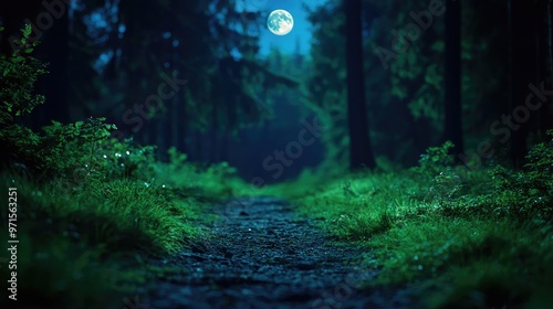 A moonlit path in a forest, leading to nowhere, aimlessness, lost in life s journey photo