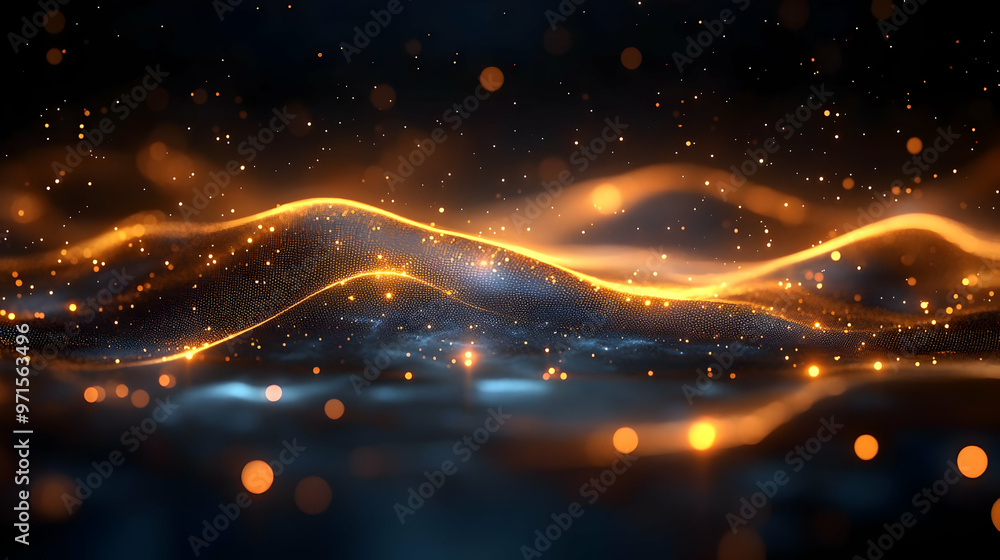 Abstract glowing waves with shimmering particles in a dark background. Abstract glowing waves with shimmering particles in a dark background.