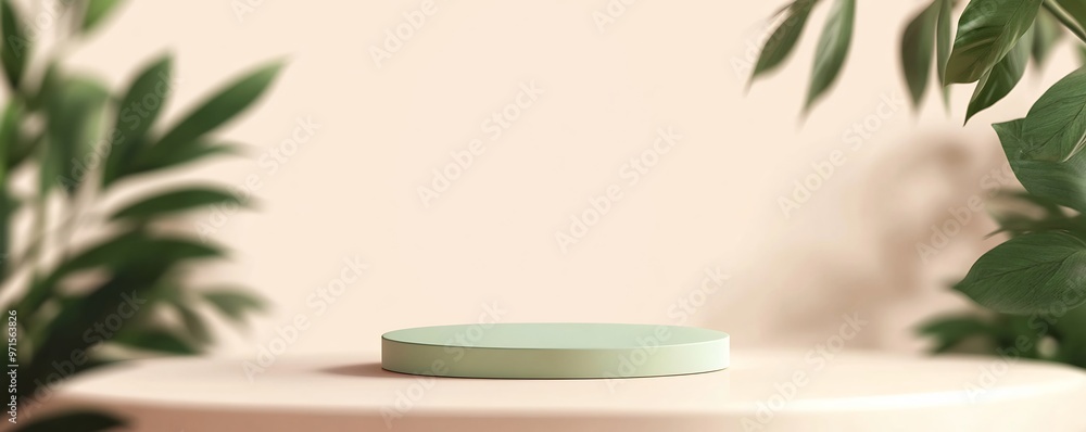 Minimal background with a green podium for product presentation Minimal background with a green podium for product presentation
