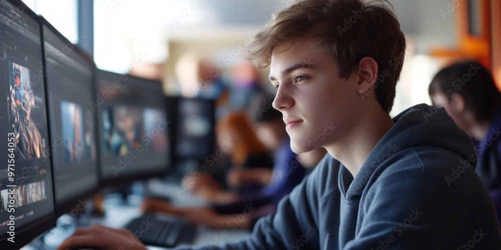 A young person focuses on a computer screen, engaged in creative work. The image conveys concentration and learning in a modern workspace. Ideal for educational or tech themes. AI A young person focuses on a computer screen, engaged in creative work. The image conveys concentration and learning in a modern workspace. Ideal for educational or tech themes. AI