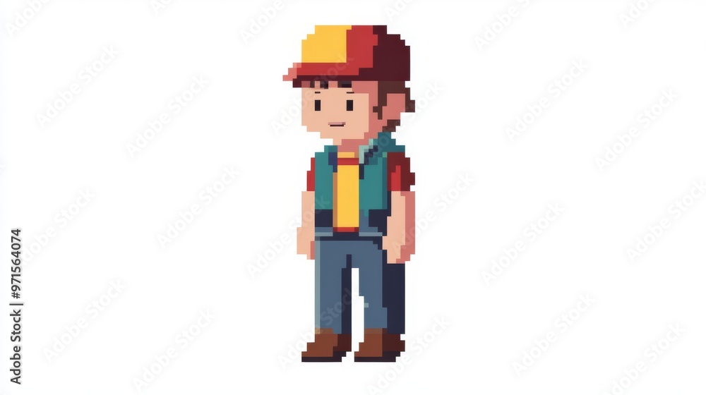 Retro pixelated character in colorful clothing and cap, isolated on white background, perfect for gaming and animation projects. Retro pixelated character in colorful clothing and cap, isolated on white background, perfect for gaming and animation projects.