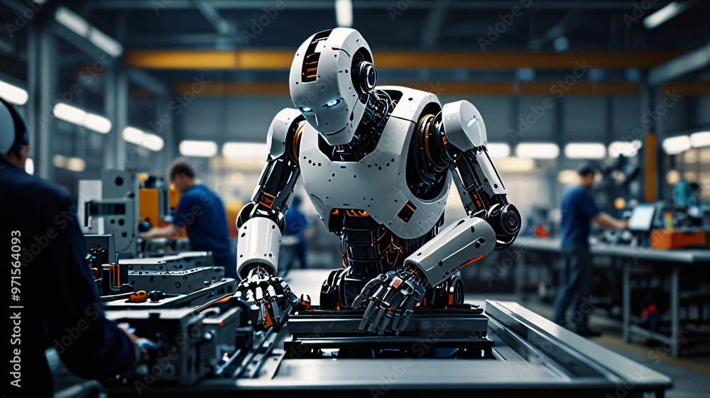Maintenance robot manufacturing machine industry factory conveyor in warehouse. Maintenance robot manufacturing machine industry factory conveyor in warehouse.