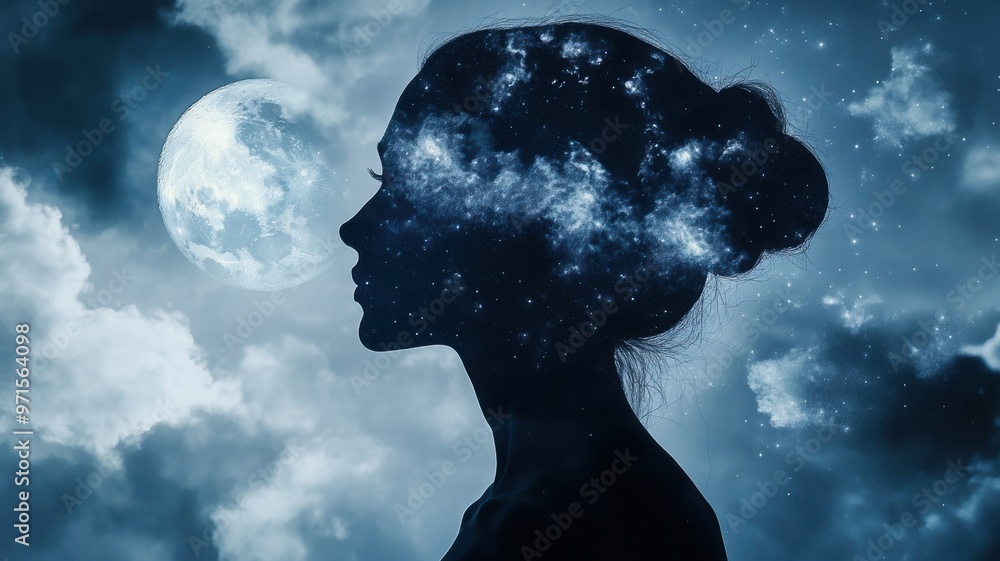 A woman's silhouette is shown against a blue sky with a full moon A woman's silhouette is shown against a blue sky with a full moon