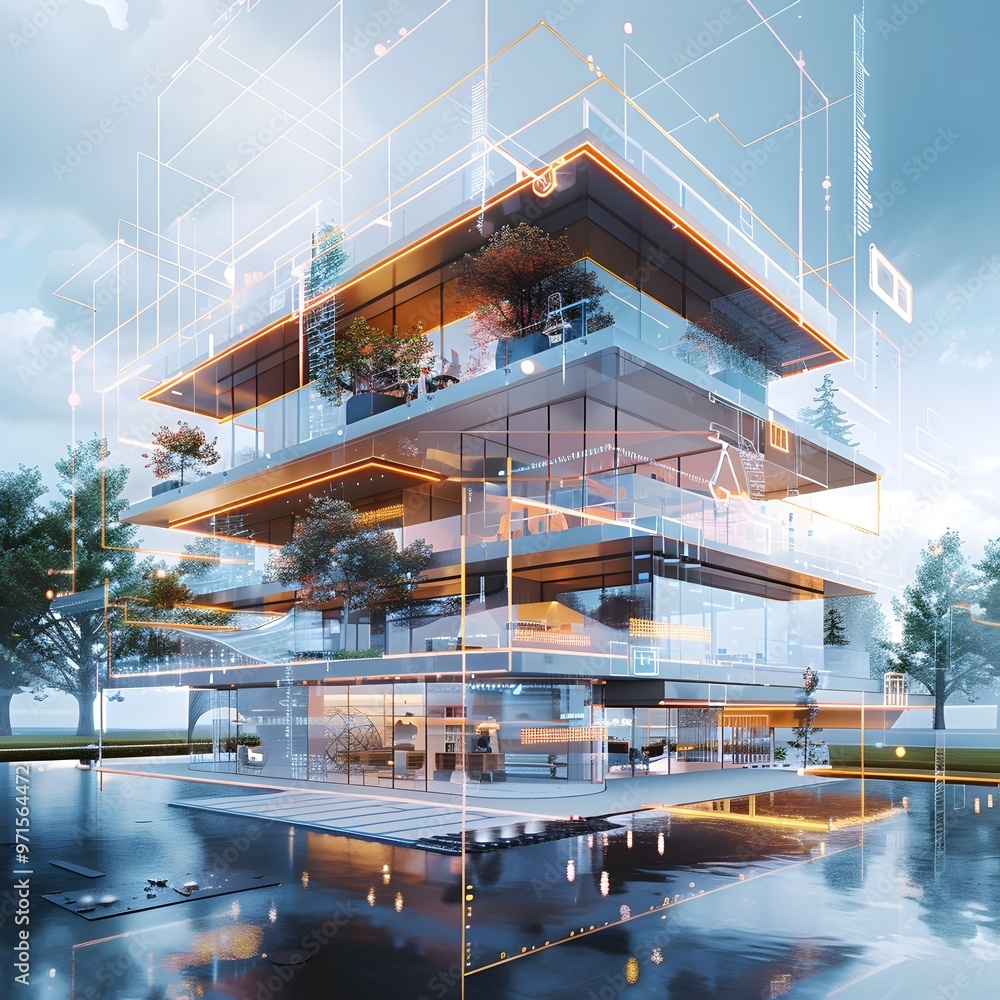 Fototapeta premium Futuristic digital twin of a modern energy efficient building with smart home technology promoting sustainable living