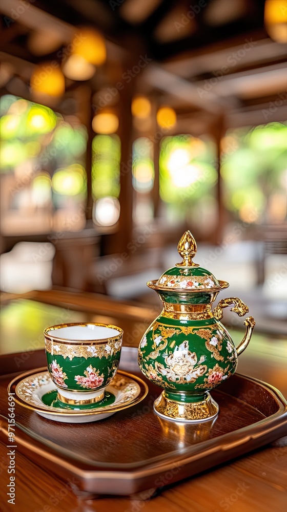 A graceful ceramic sake bottle adorned with a plum blossom and bird pattern sits on a wooden tray alongside a matching cup, creating a serene and traditional ambiance A graceful ceramic sake bottle adorned with a plum blossom and bird pattern sits on a wooden tray alongside a matching cup, creating a serene and traditional ambiance