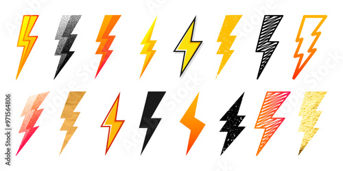 Lightning bolt icons collection. Golden, grunge, stippled, hand drawn flash symbol, thunderbolt. Dot drawing. Simple lightning strike sign. Vector illustration