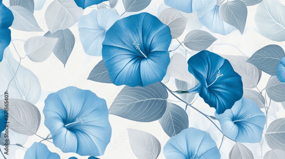 Floral pattern with blue morning glories and pale gray leaves generative ai Floral pattern with blue morning glories and pale gray leaves generative ai