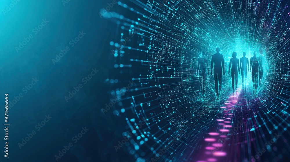 Obraz premium Illuminated Path to Shared Success: A team walking on a glowing path with digital footprints, each step representing an idea or piece of knowledge they contribute to the team's collective growth