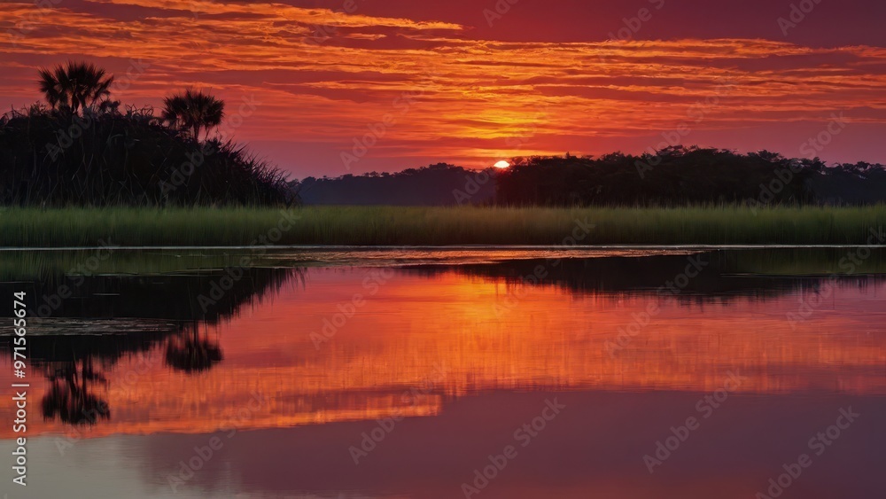 A serene sunset over a calm water body, reflecting vibrant colors and nature's beauty. A serene sunset over a calm water body, reflecting vibrant colors and nature's beauty.