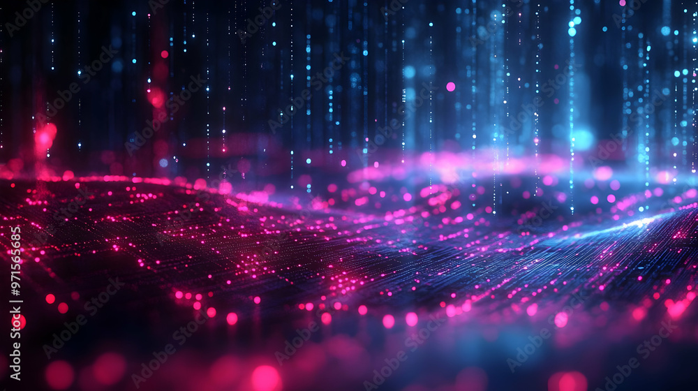 Abstract visualization of glowing particles in a digital landscape. Abstract visualization of glowing particles in a digital landscape.