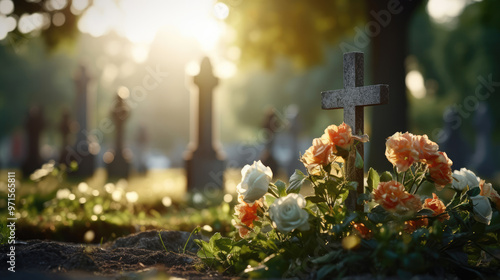 generated illustration of a cemetery with a cross and a casket with flowers on top