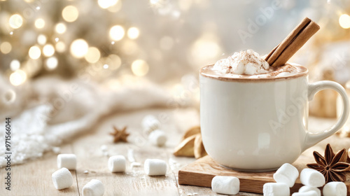 Warm hot chocolate adorned with marshmallows and cinnamon sticks on a wooden surface, creating a festive atmosphere