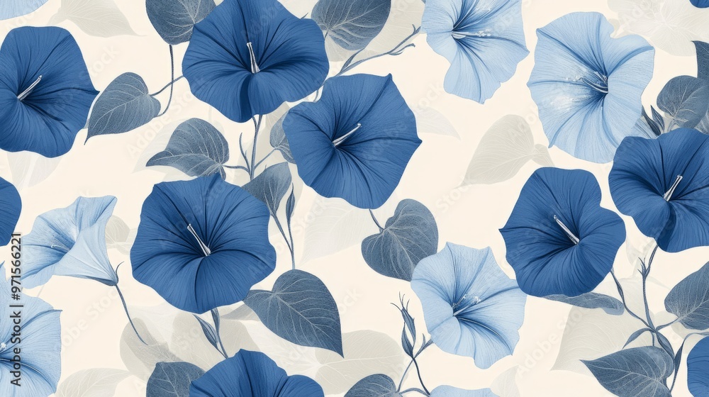 Floral pattern with blue morning glories and pale gray leaves generative ai Floral pattern with blue morning glories and pale gray leaves generative ai