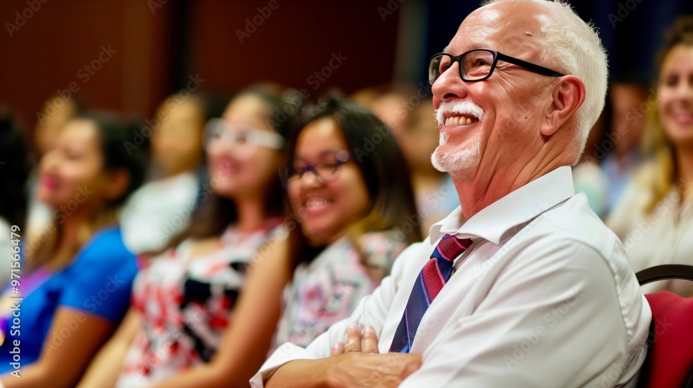 Fototapeta premium Smiling elderly man enjoys a lively event with an engaged audience during a conference in a spacious auditorium