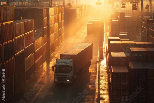 Truck transporting cargo through shipping yard at sunset
