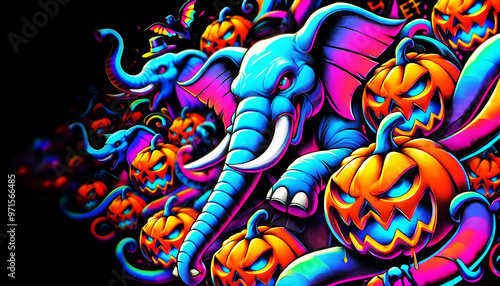 Neon elephants and glowing jack-o-lanterns in vibrant Halloween fantasy wallpaper with colorful spooky atmosphere, Fantasy Background, Wall Art, 4K Wallpaper, Frame TV Art	