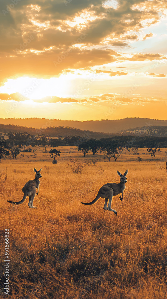 Fototapeta premium Kangaroos hopping across Australian outback at sunset, showcasing natures beauty